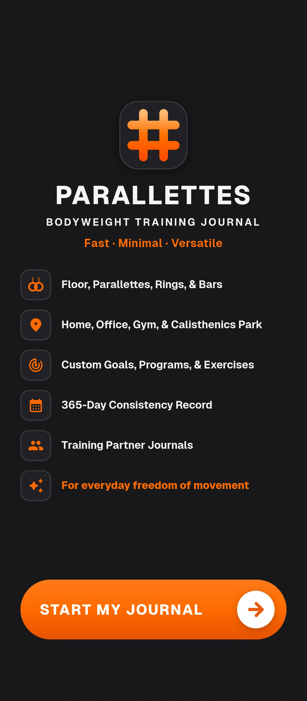 Parallettes Onboarding — Start My Journal (Dark Mode)