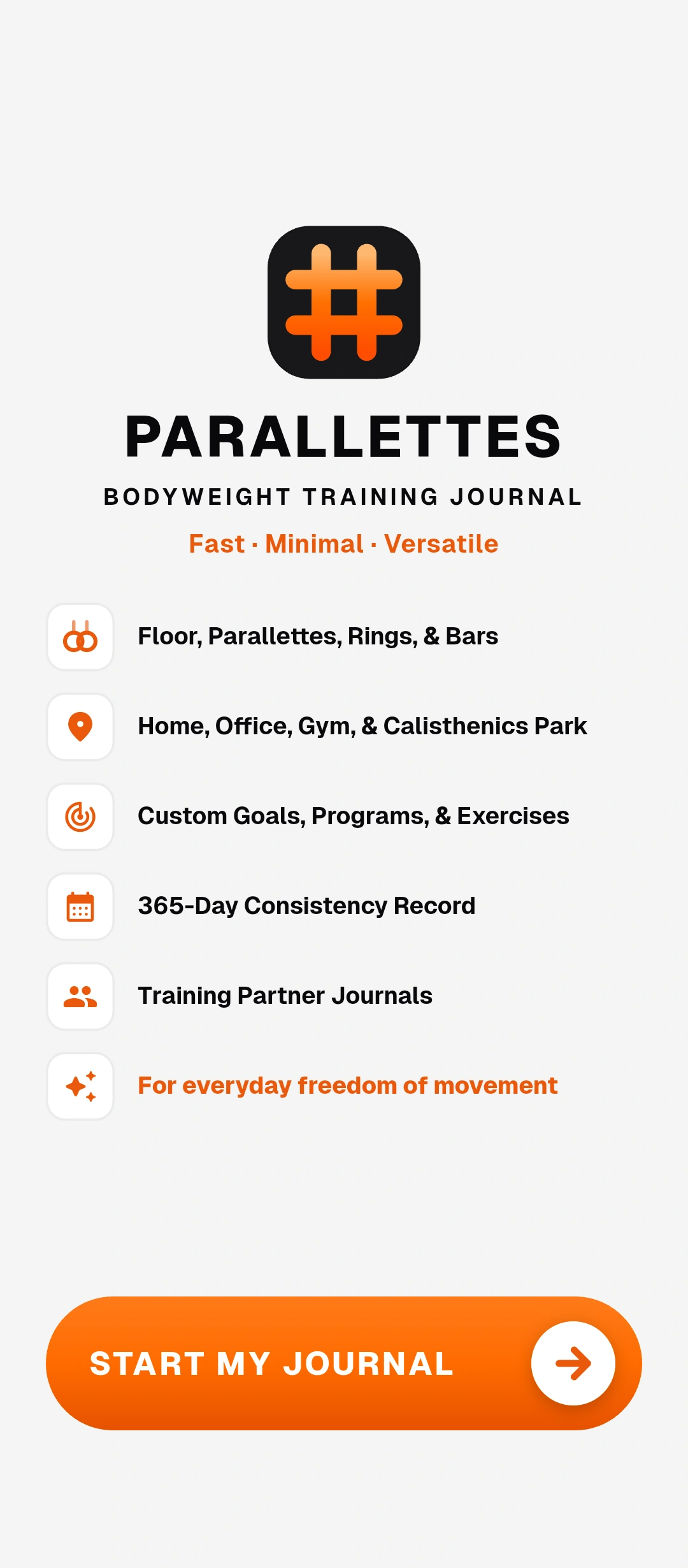 Parallettes Onboarding — Start My Journal (Light Mode)