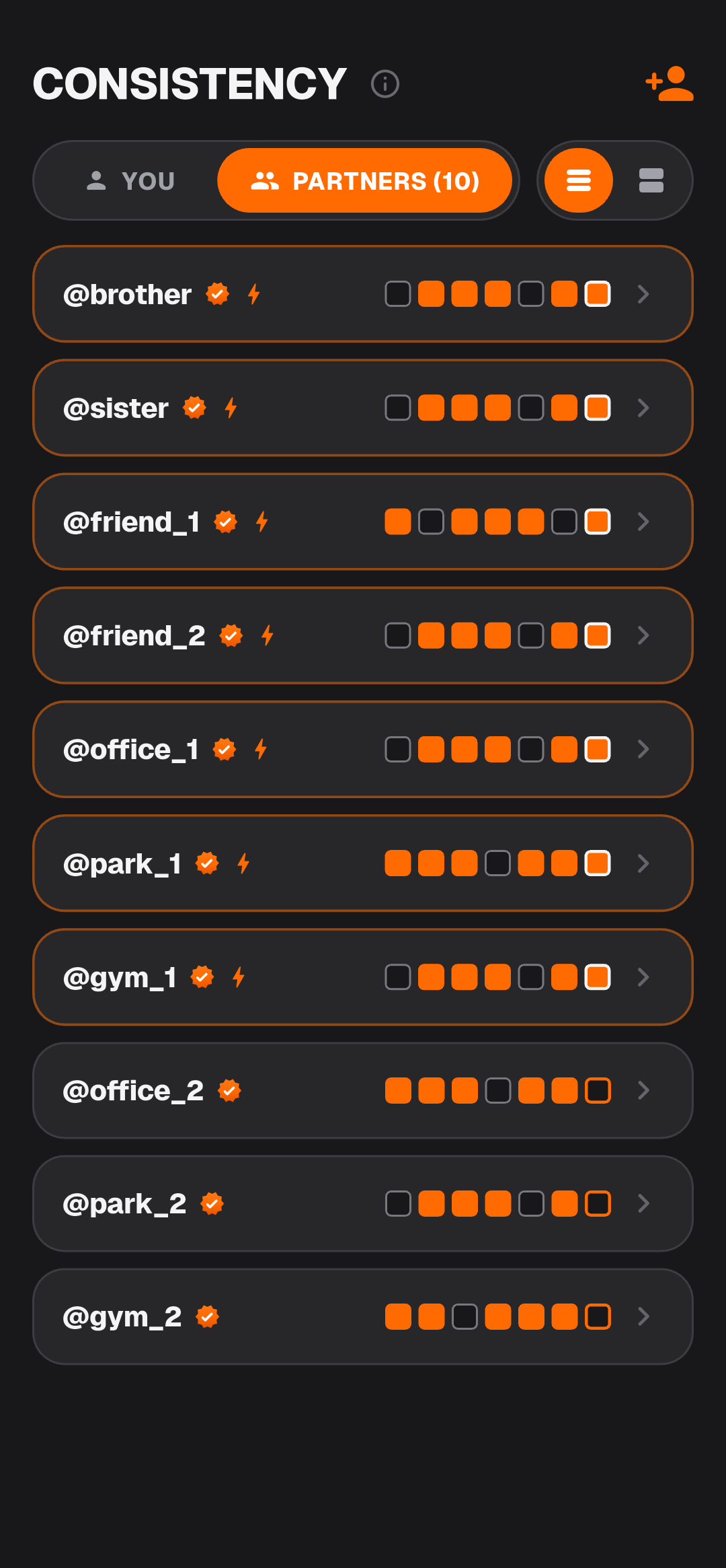 Training Partners — Pin Journals · Share Progress (Dark Mode)