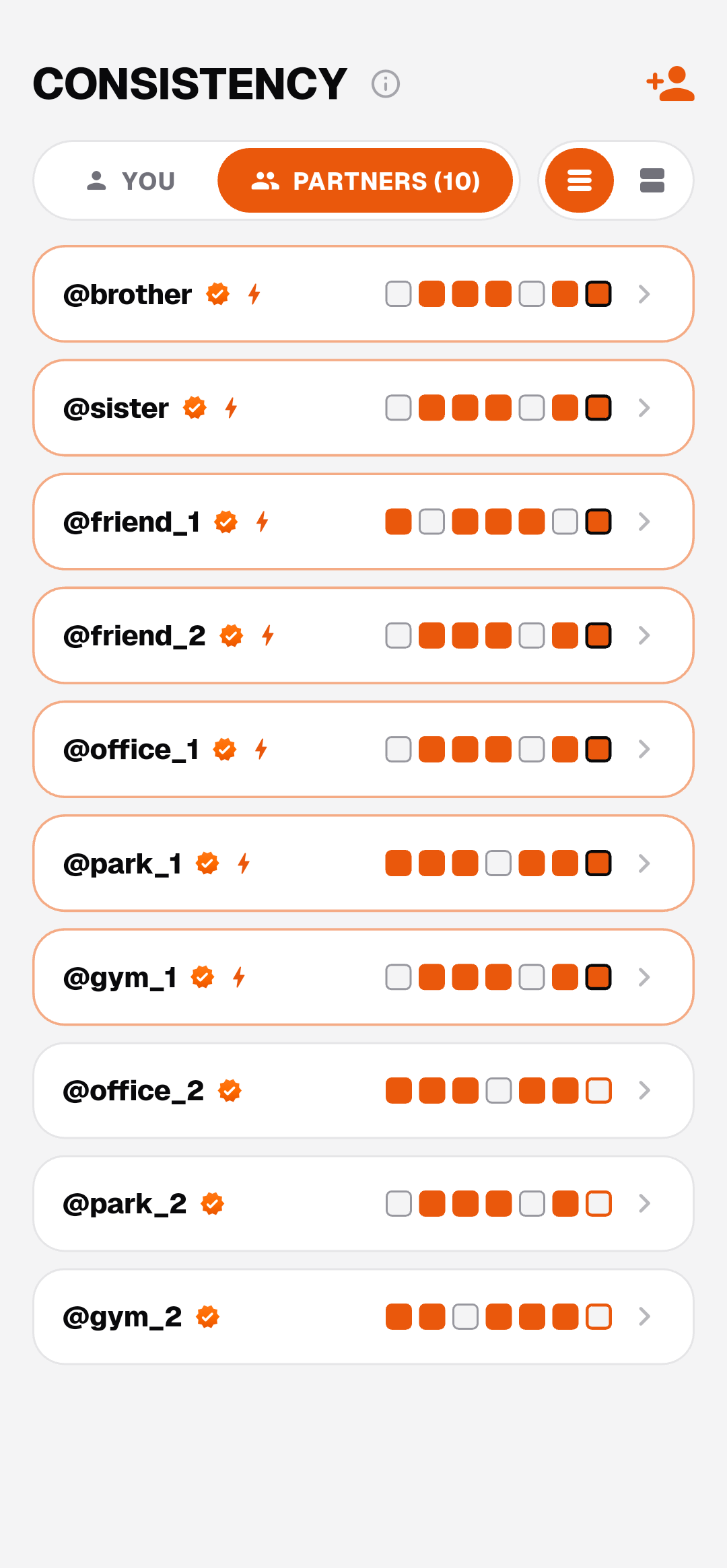 Training Partners — Pin Journals · Share Progress (Light Mode)