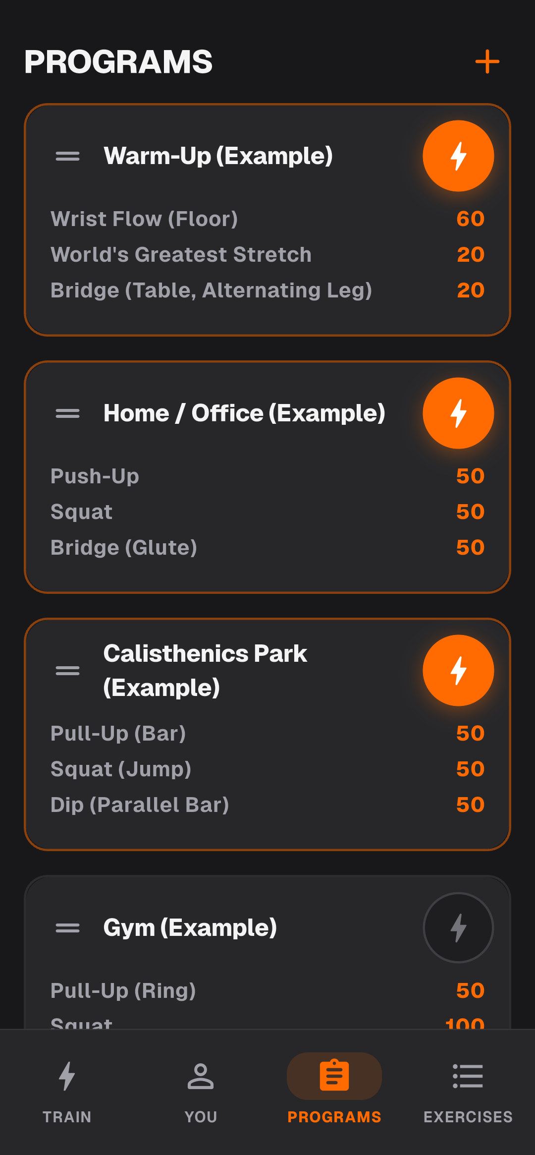 Custom Programs — Built for Home, Office, Gym & Calisthenics Park (Dark Mode)