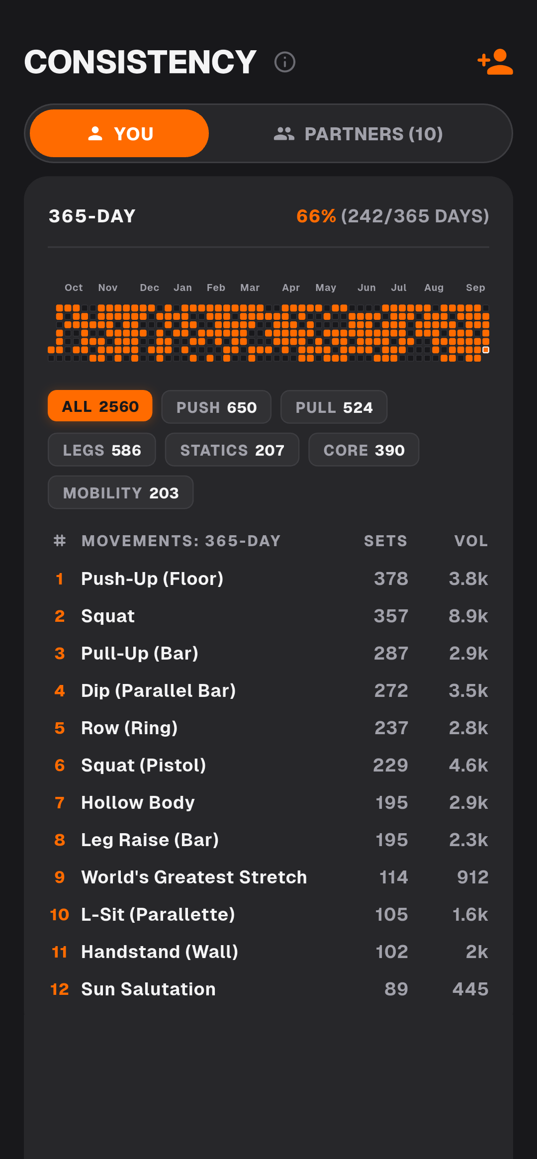 Build Consistency — 365 Days · Statistics (Dark Mode)